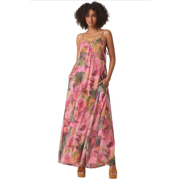 Misa Tops - Misa Watercolor Print Chiffon Salome Top in Watermelon Tourmaline Size XS NWOT
